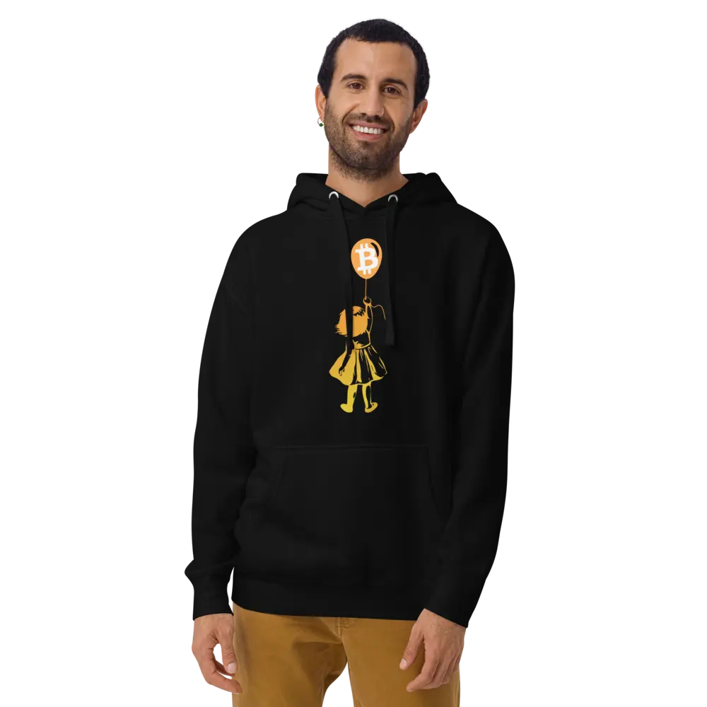 bitcoin hoodie - bitcoin balloon girl - worn by model
