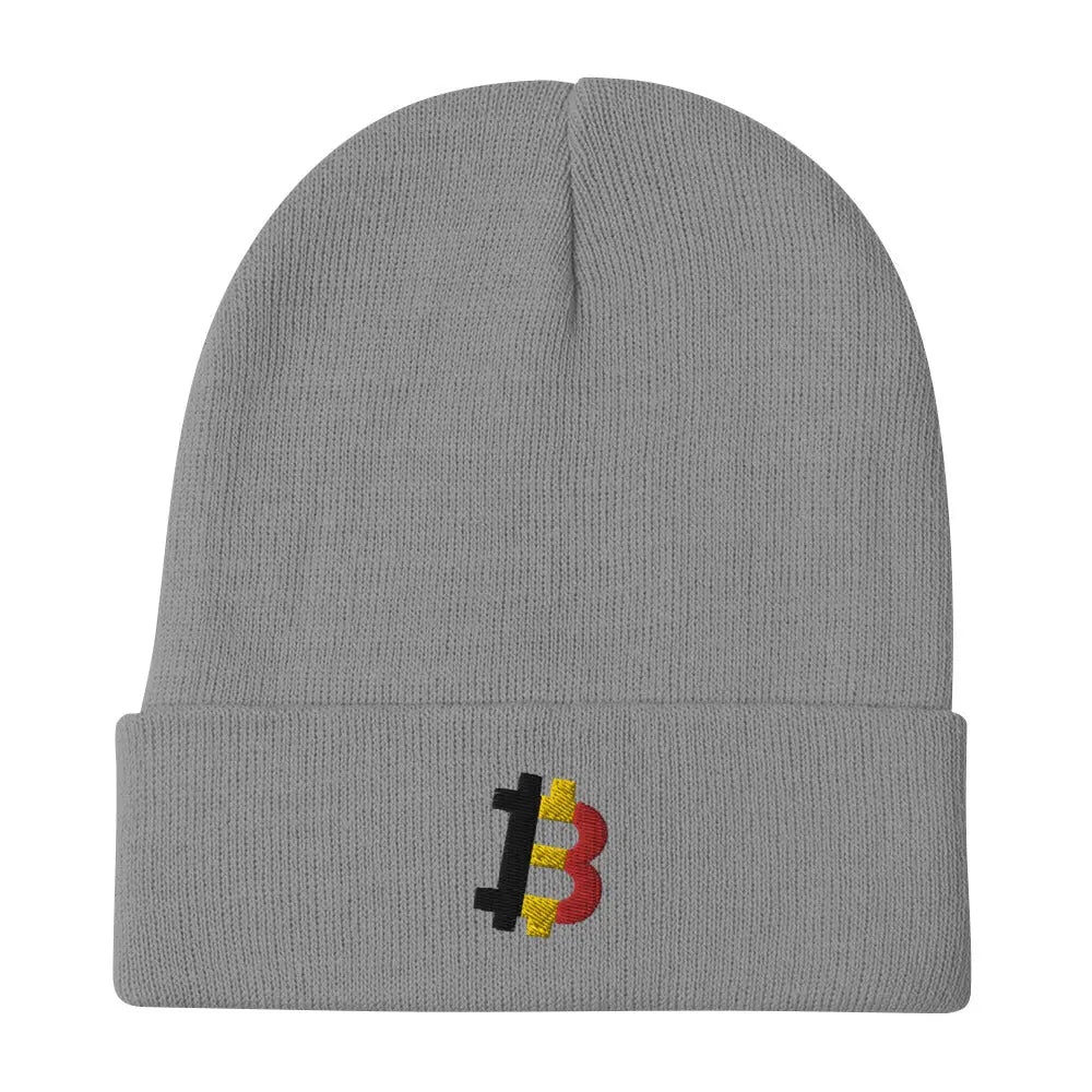 bitcoin beanie - belgian bitcoin flag - close-up embroidery - grey