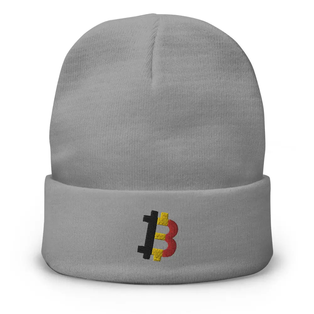 bitcoin beanie - belgian bitcoin flag - front view - grey