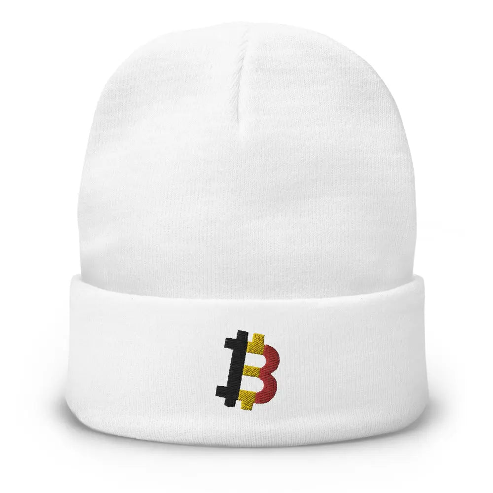 bitcoin beanie - belgian bitcoin flag - front view - white
