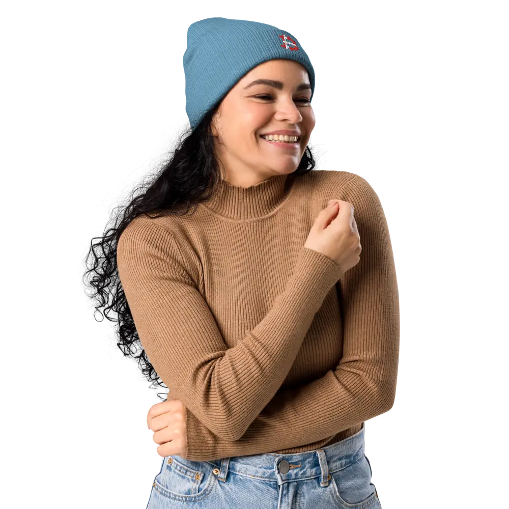 bitcoin beanie - danish bitcoin flag - on female model - blue