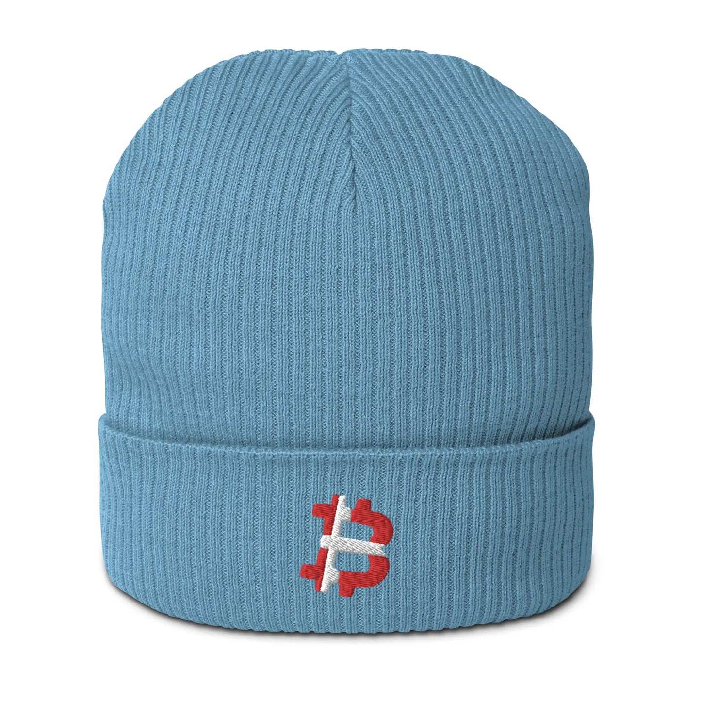 bitcoin beanie - danish bitcoin flag - front view - light avio blue