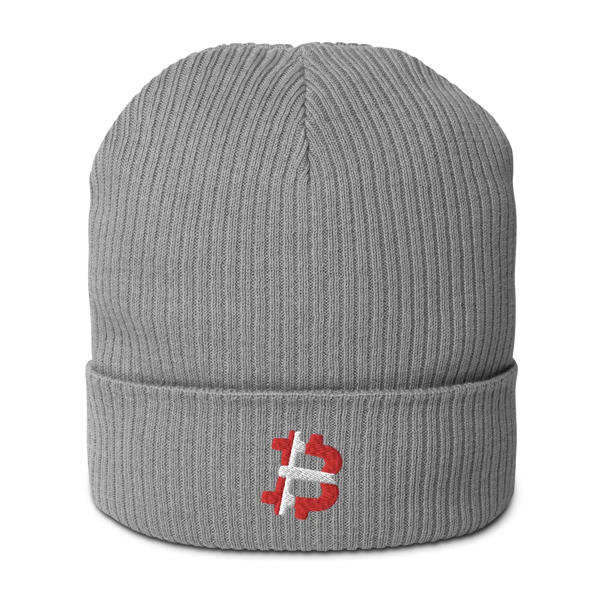 bitcoin beanie - danish bitcoin flag - front view - grey