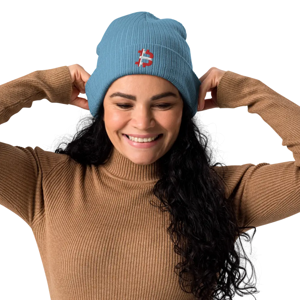 bitcoin beanie - danish bitcoin flag - front view on female model - light avio blue