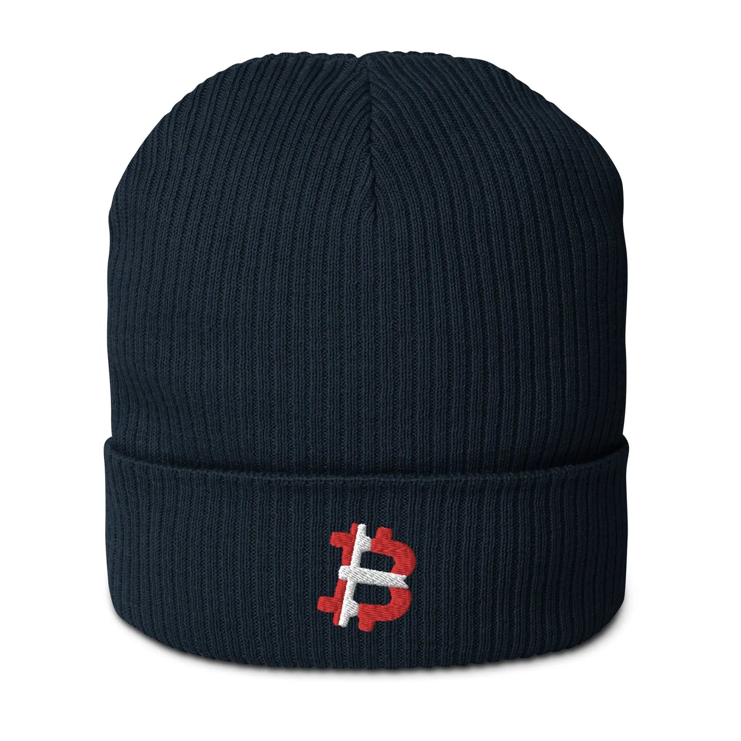bitcoin beanie - danish bitcoin flag - front view - navy blue