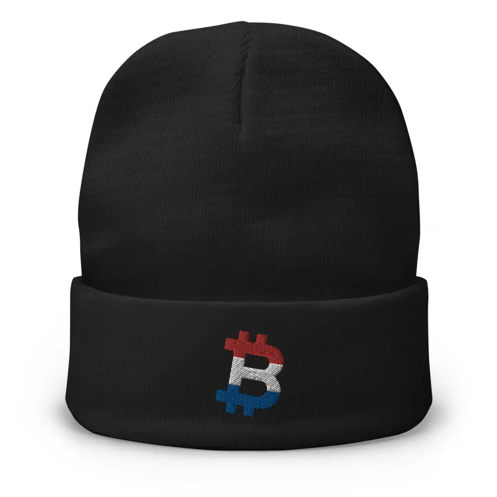 bitcoin beanie - dutch bitcoin flag - front view - black