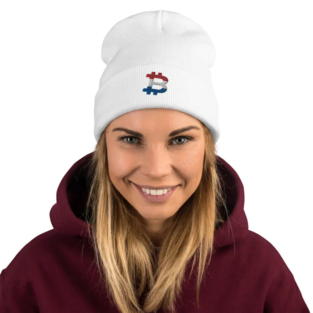 bitcoin beanie - dutch bitcoin flag - front view on female model - white