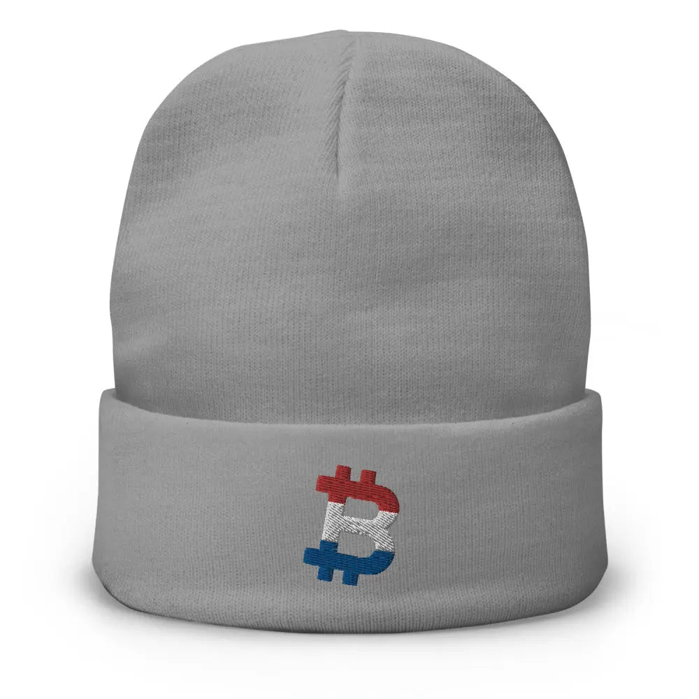 bitcoin beanie - dutch bitcoin flag - front view - grey