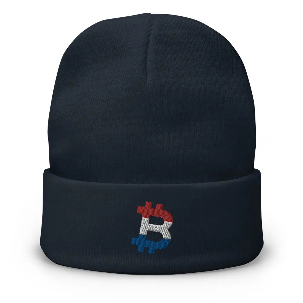 bitcoin beanie - dutch bitcoin flag - front view - navy blue