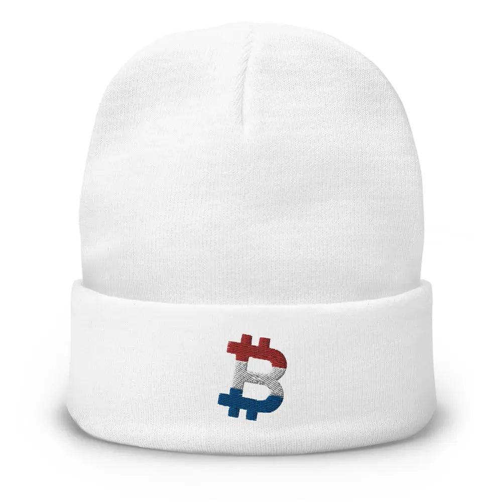 bitcoin beanie - dutch bitcoin flag - front view - white