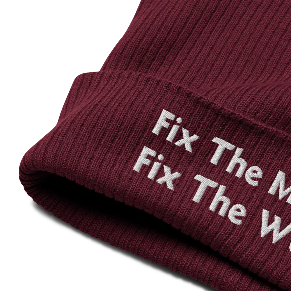 bitcoin beanie - fix the money fix the world - close-up embroidery - burgundy