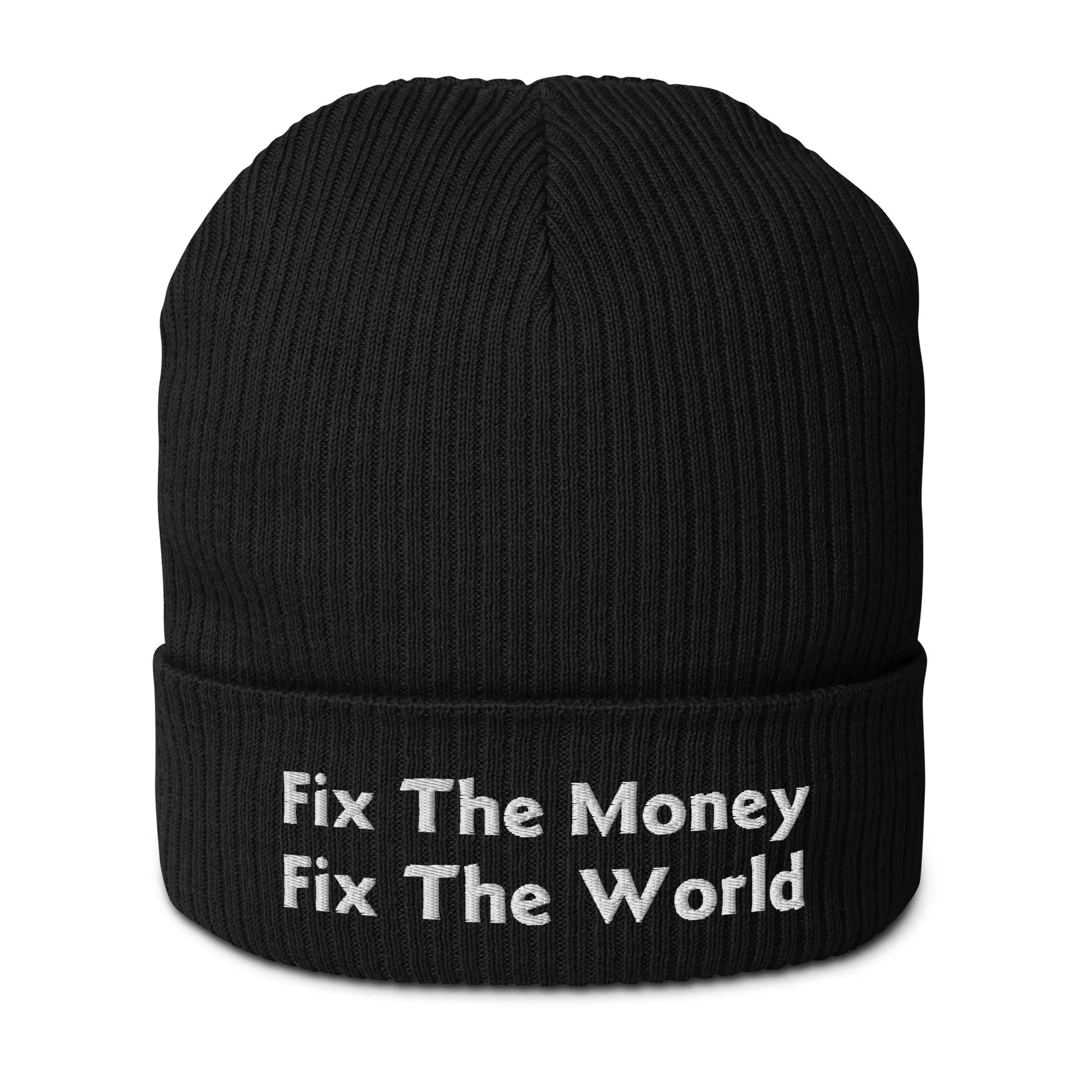 bitcoin beanie - fix the money fix the world - front view - black