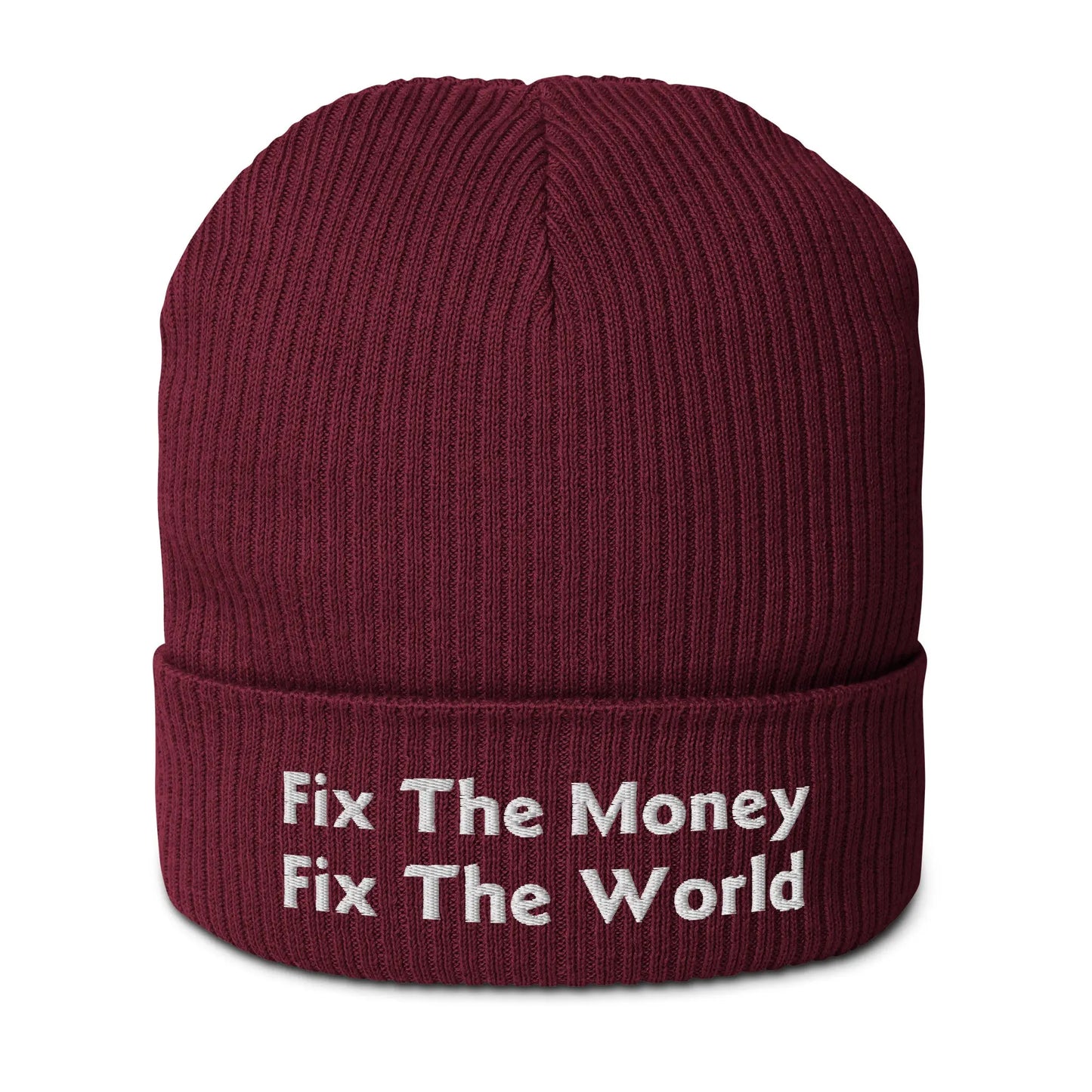 bitcoin beanie - fix the money fix the world - front view - burgundy