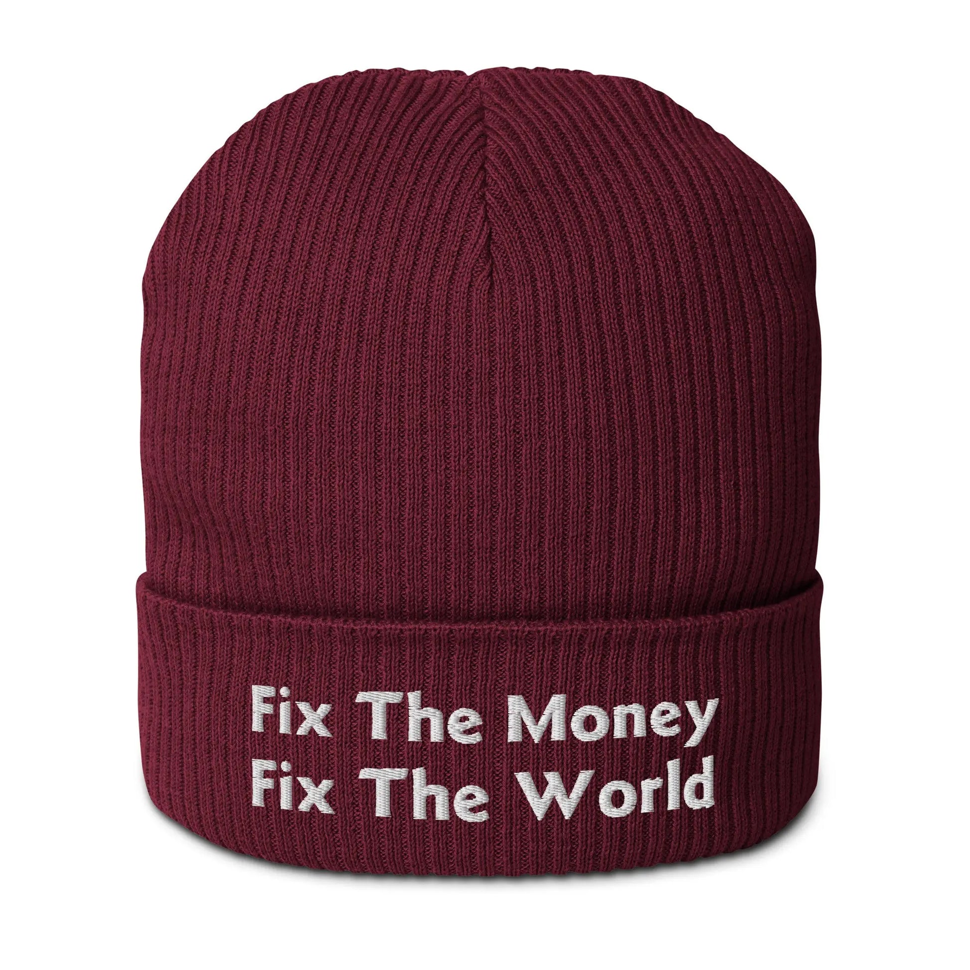 bitcoin beanie - fix the money fix the world - front view - burgundy