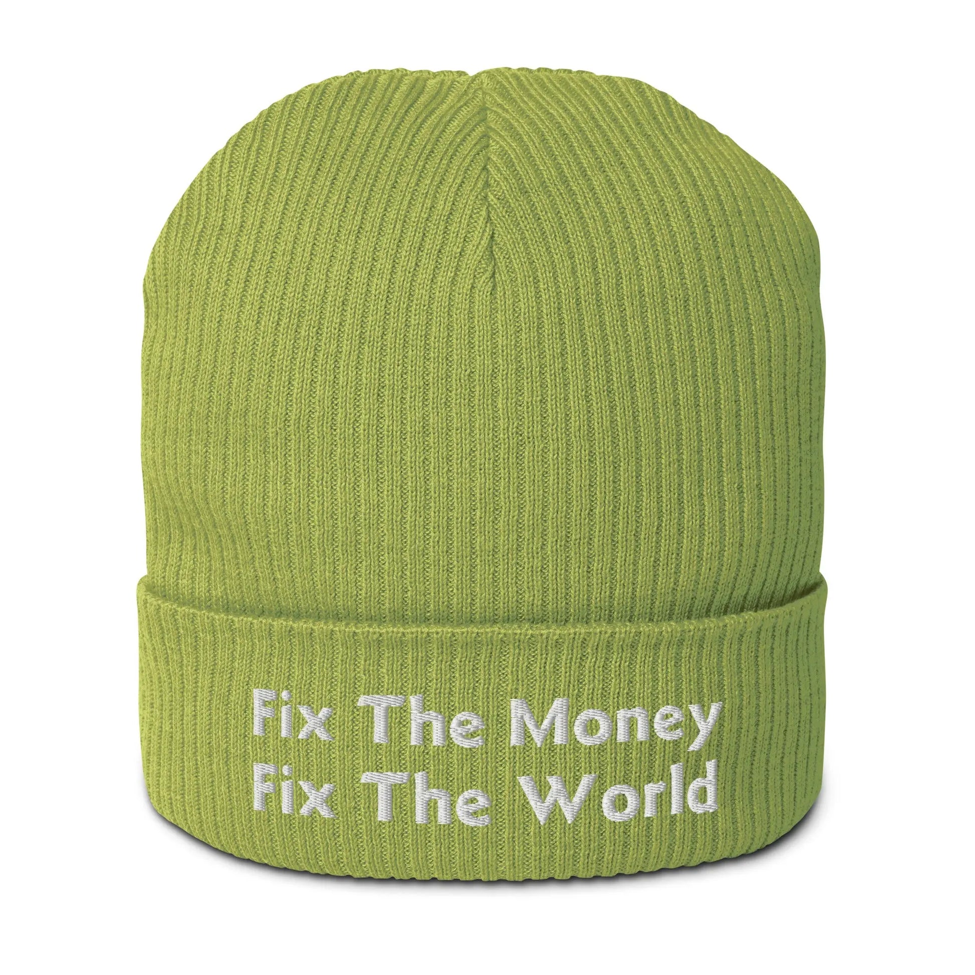 bitcoin beanie - fix the money fix the world - front view - green