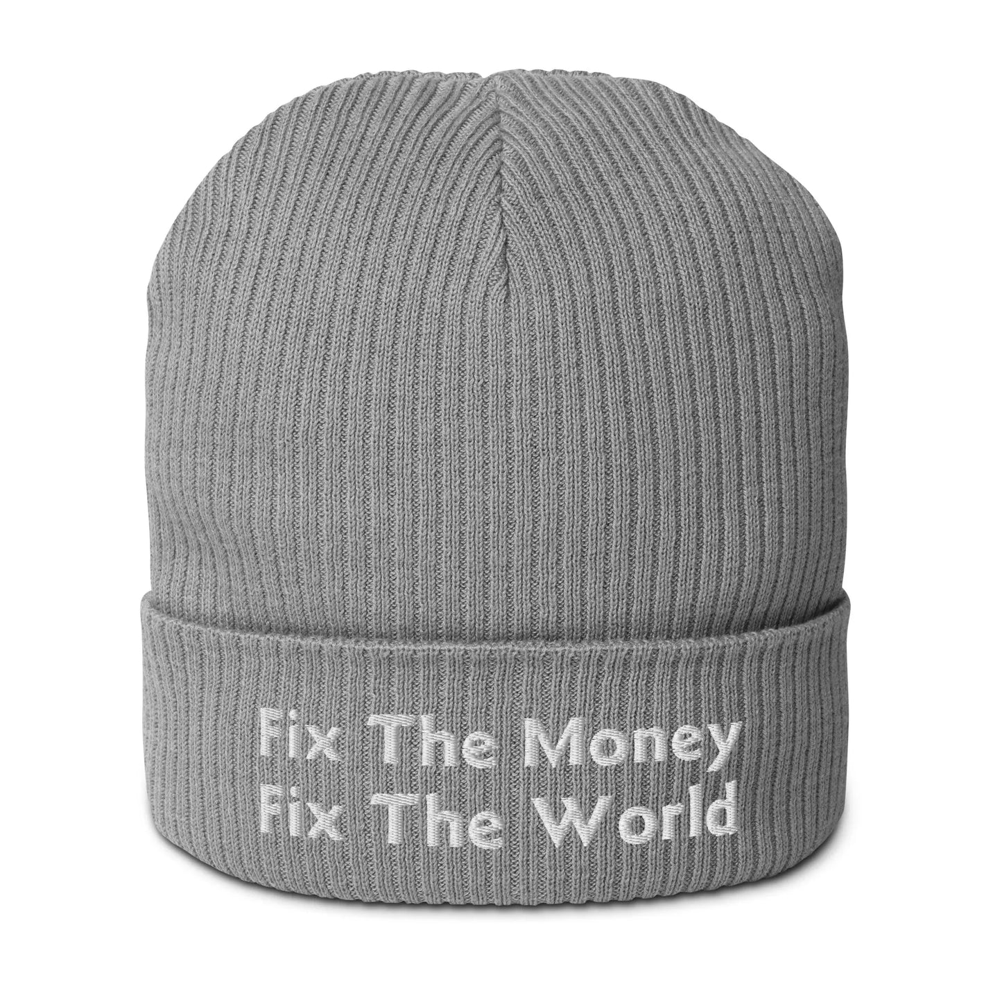 bitcoin beanie - fix the money fix the world - front view - grey