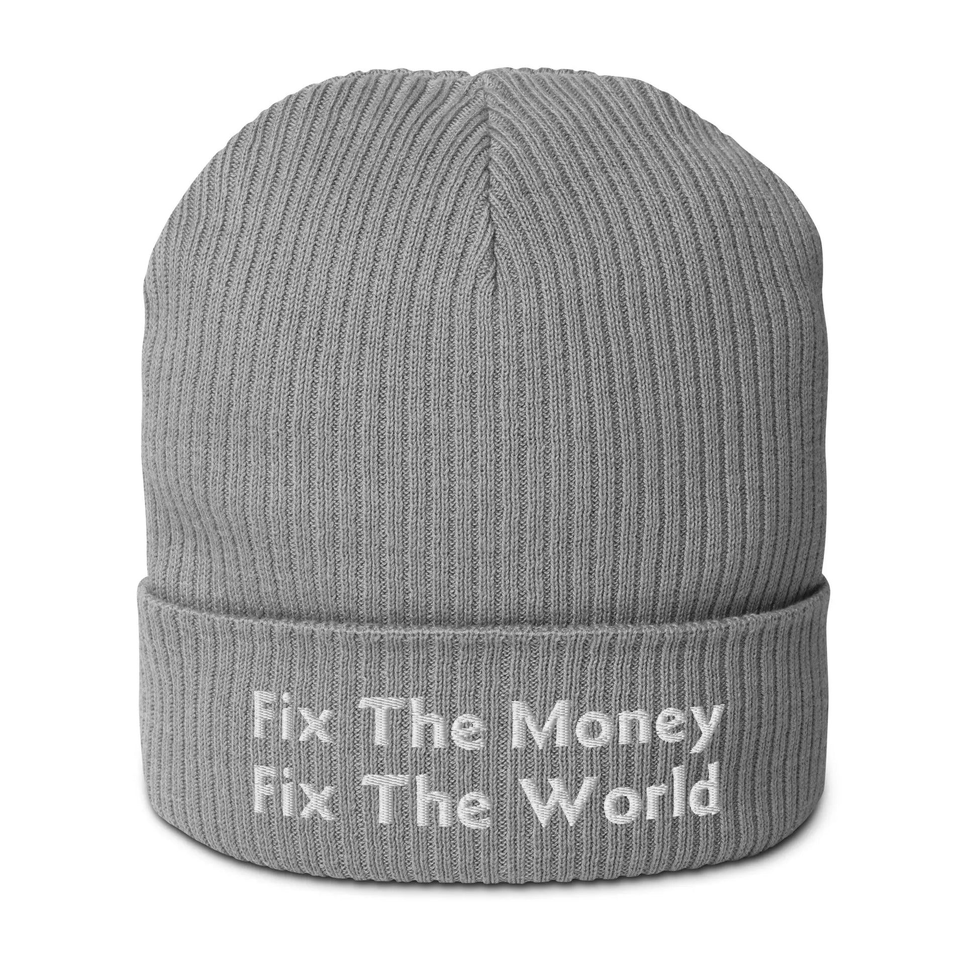bitcoin beanie - fix the money fix the world - front view - grey