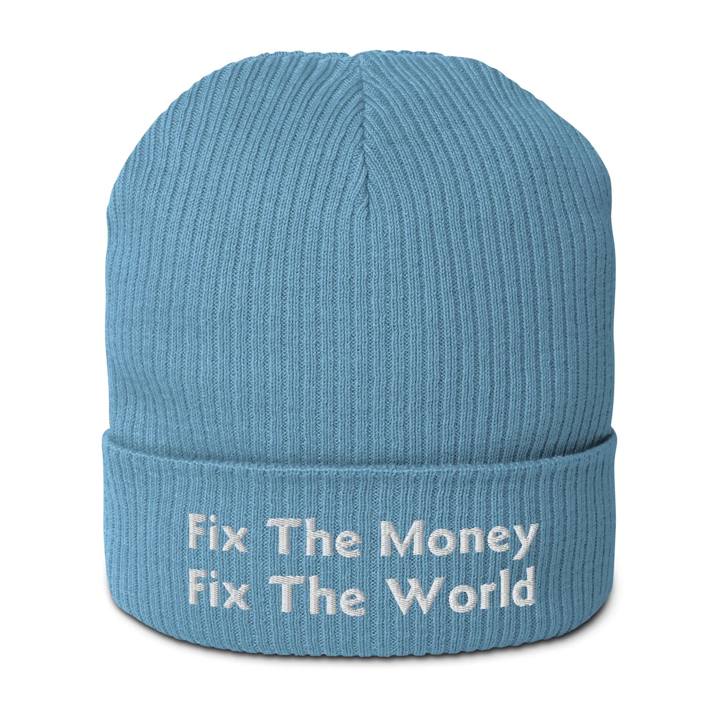 bitcoin beanie - fix the money fix the world - front view - light blue