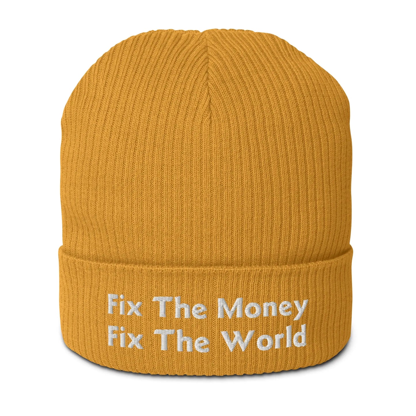 bitcoin beanie - fix the money fix the world - front view - mustard yellow