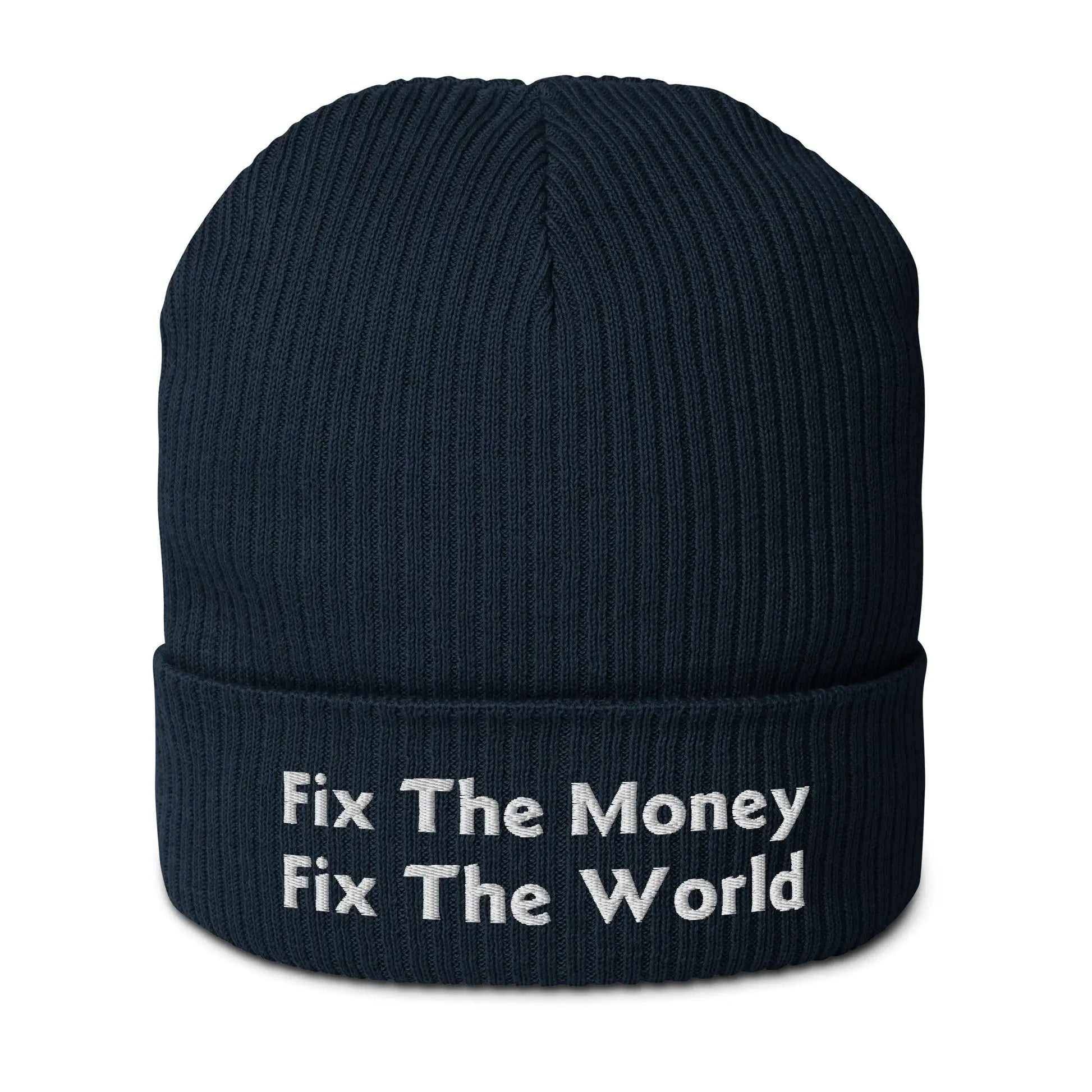 bitcoin beanie - fix the money fix the world - front view - navy