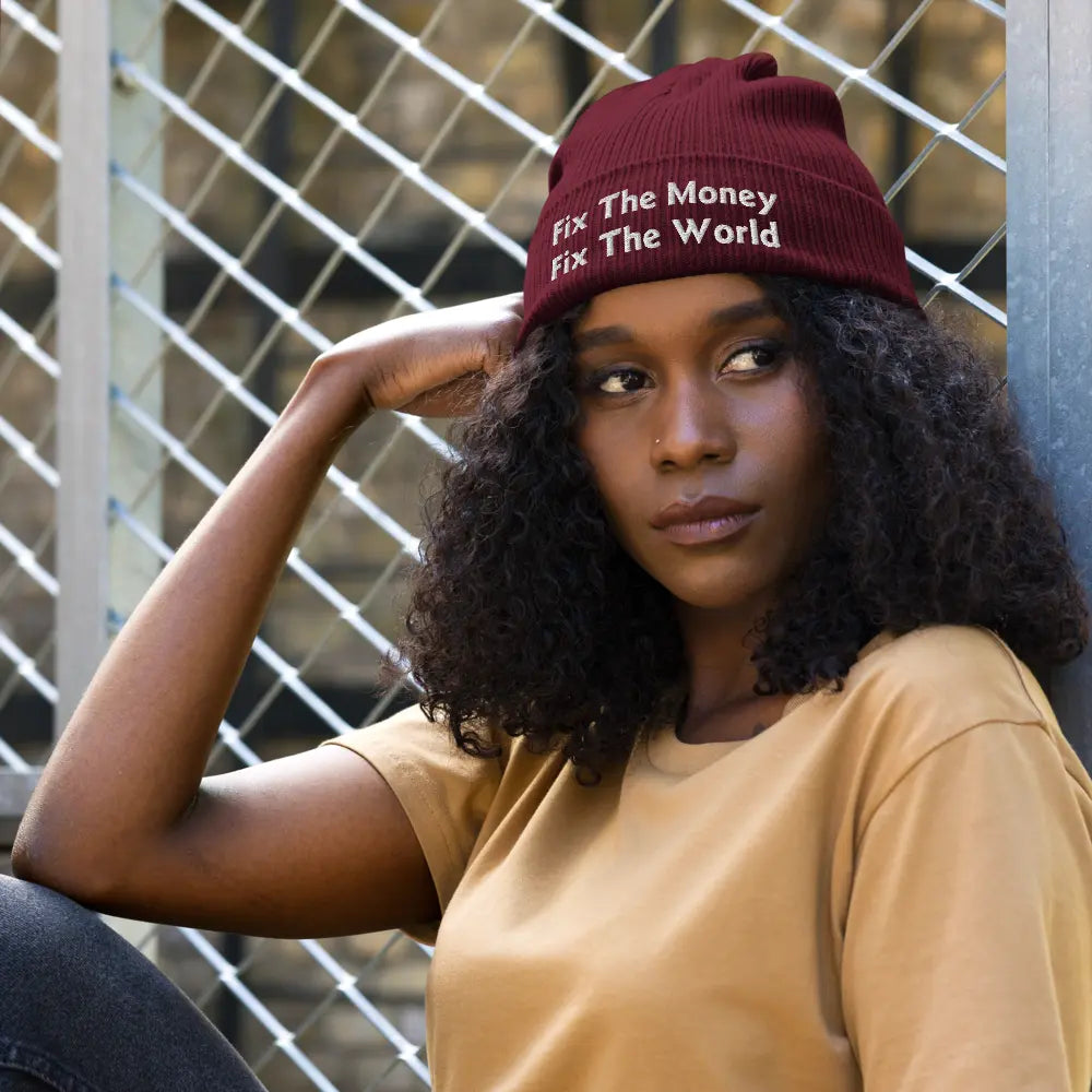 bitcoin beanie - fix the money fix the world - lifestyle outdoor - burgundy