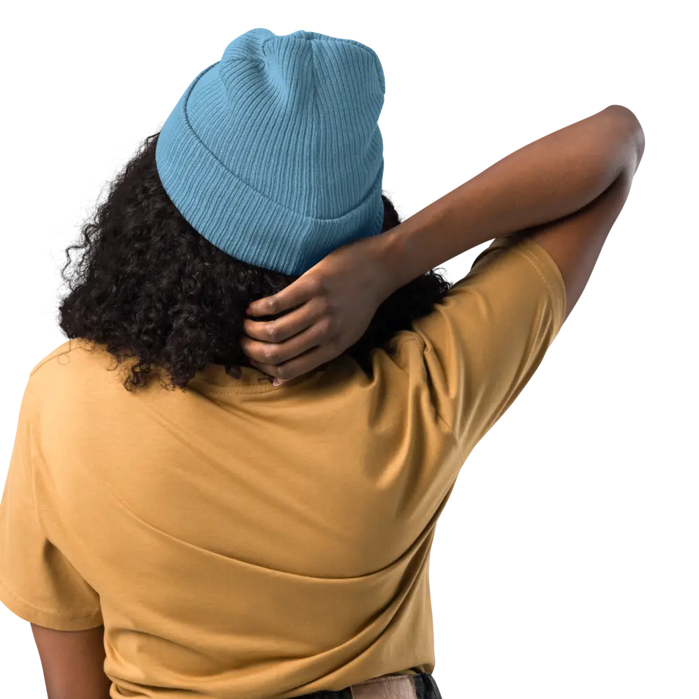 bitcoin beanie - infinity divided by 21 million - on model - back view