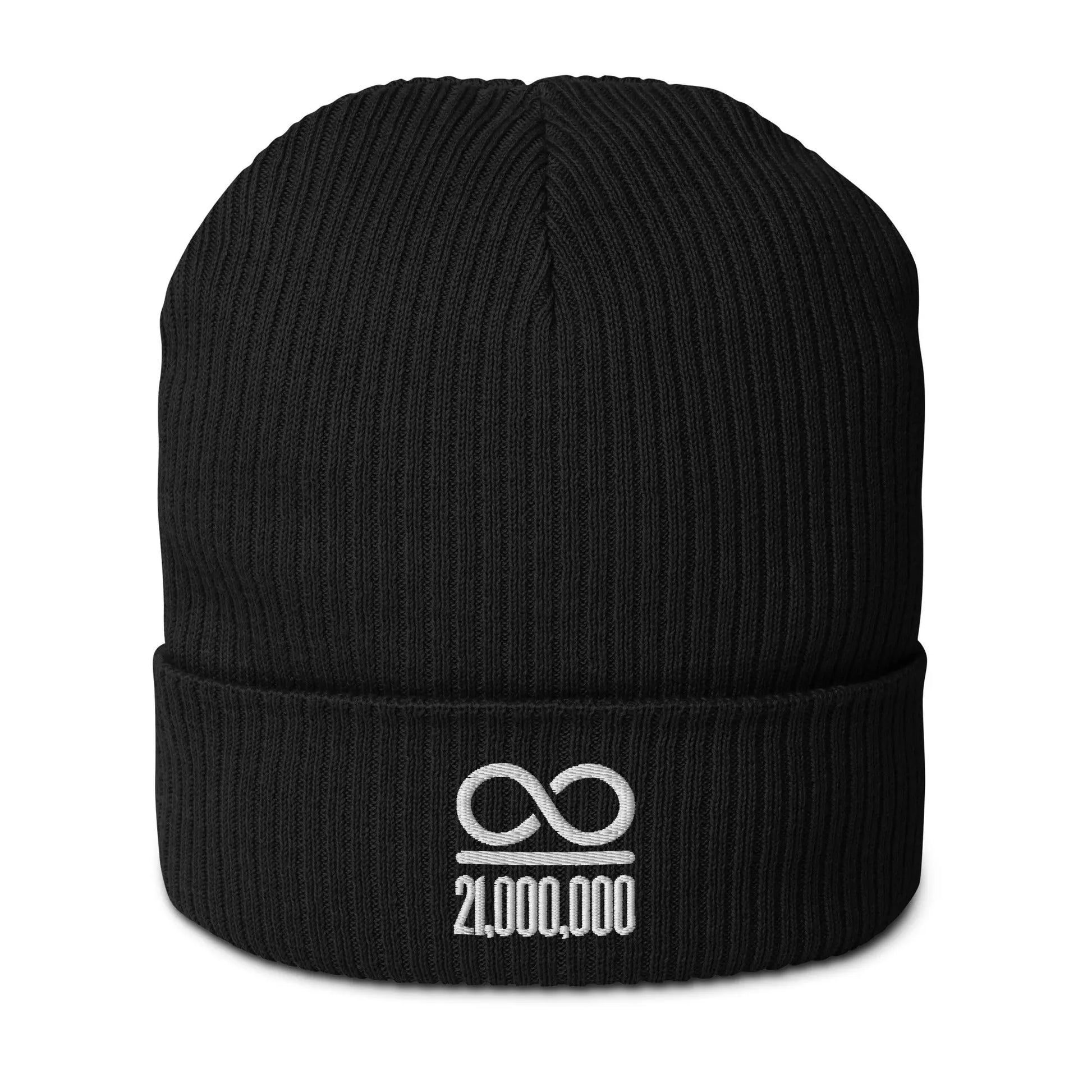bitcoin beanie - infinity divided by 21 million - front view - black