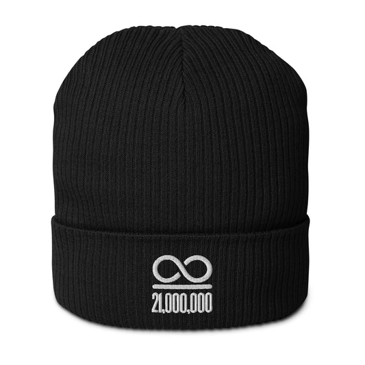 bitcoin beanie - infinity divided by 21 million - front view - black