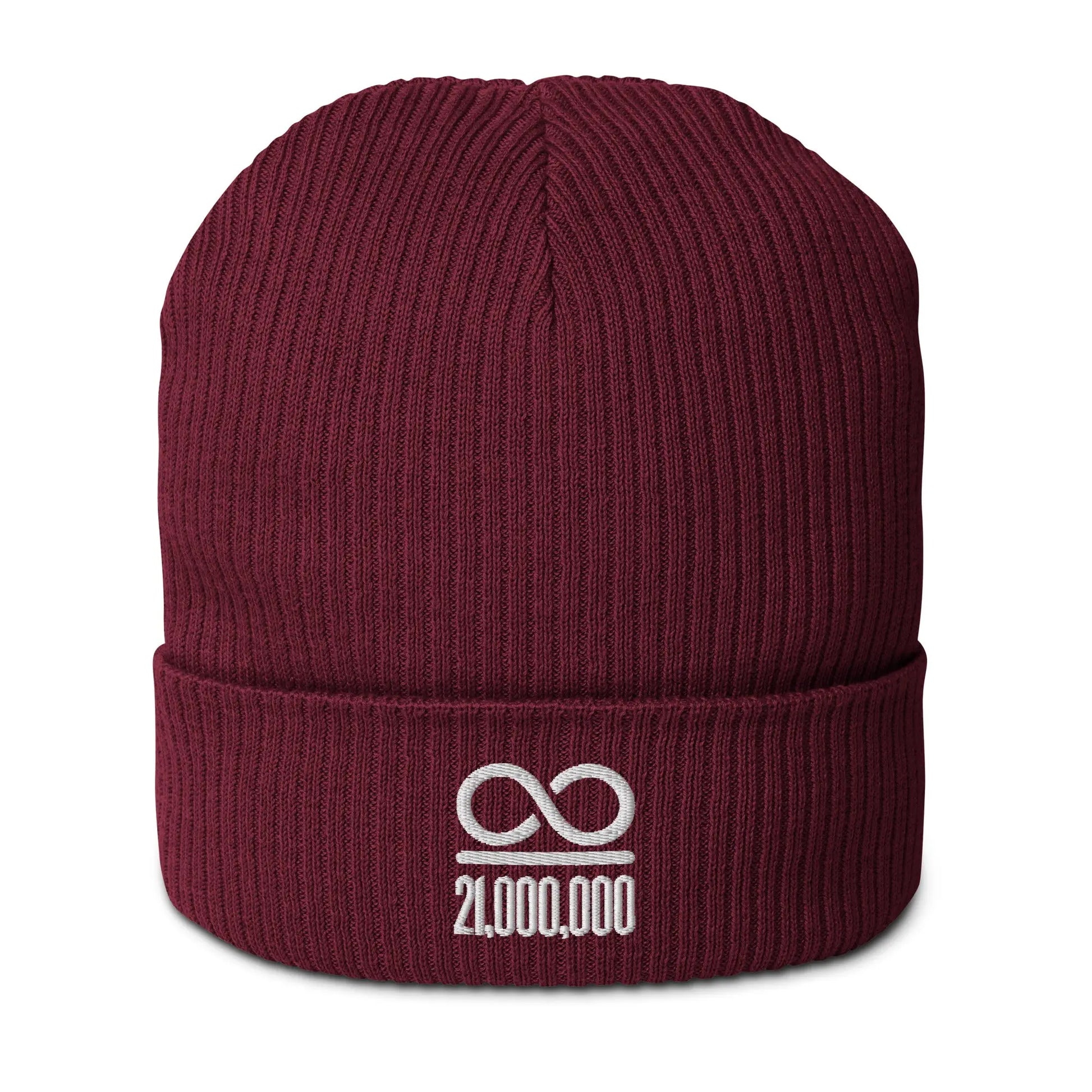 bitcoin beanie - infinity divided by 21 million - front view - burgundy