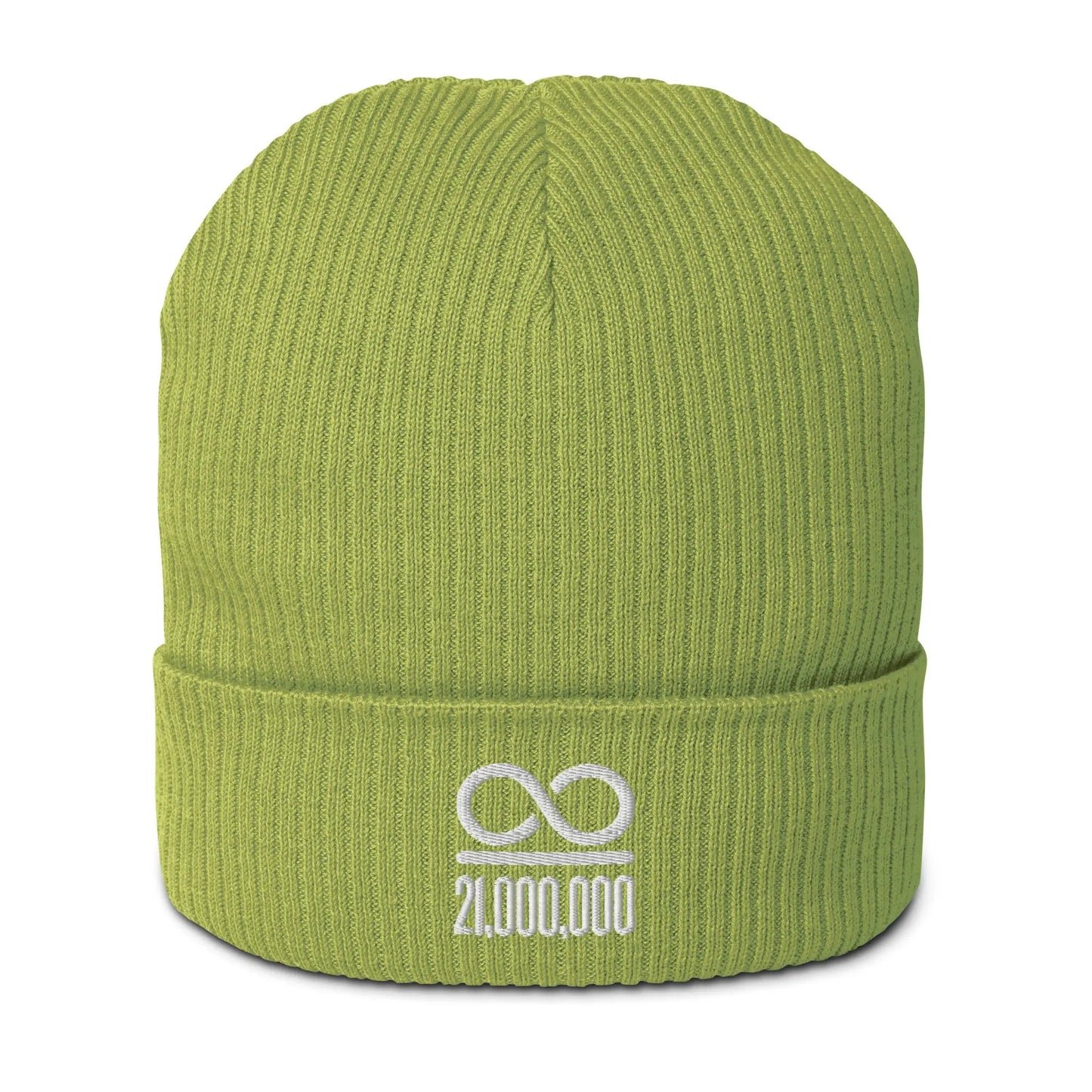 bitcoin beanie - infinity divided by 21 million - front view - green