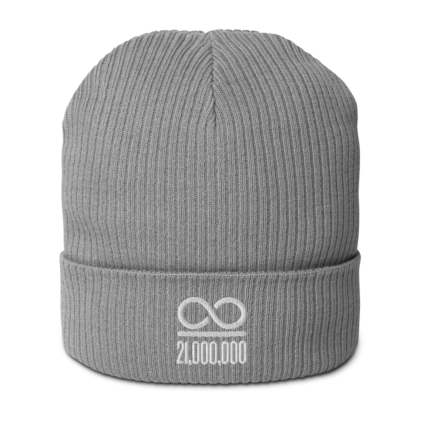 bitcoin beanie - infinity divided by 21 million - front view - grey
