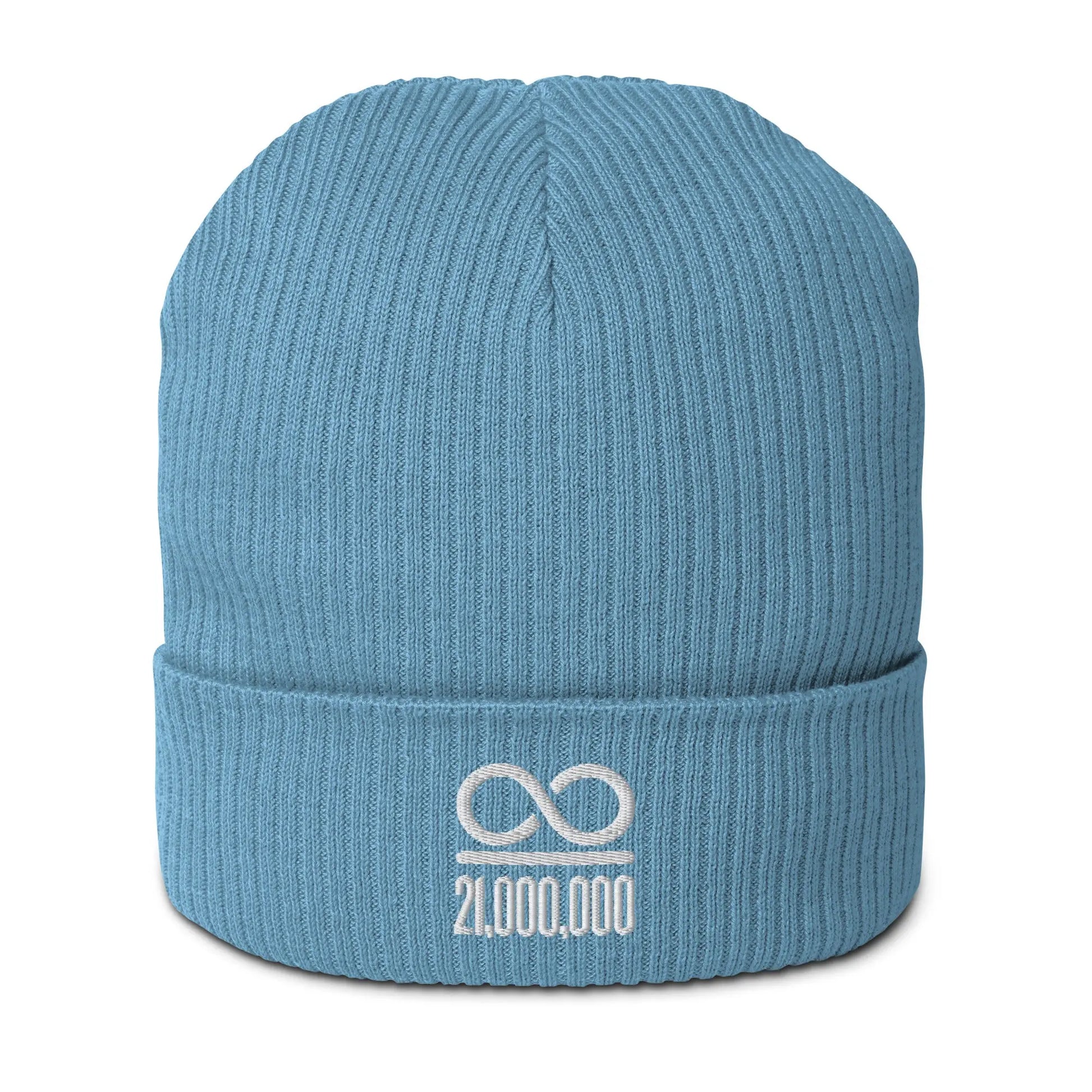 bitcoin beanie - infinity divided by 21 million - front view - light blue