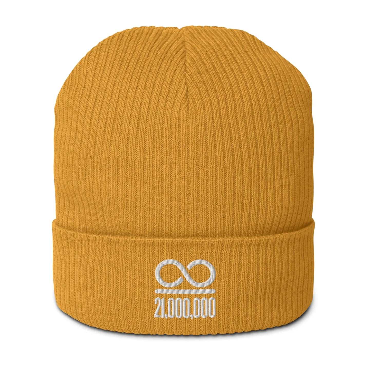 bitcoin beanie - infinity divided by 21 million - front view - bmustard yellow