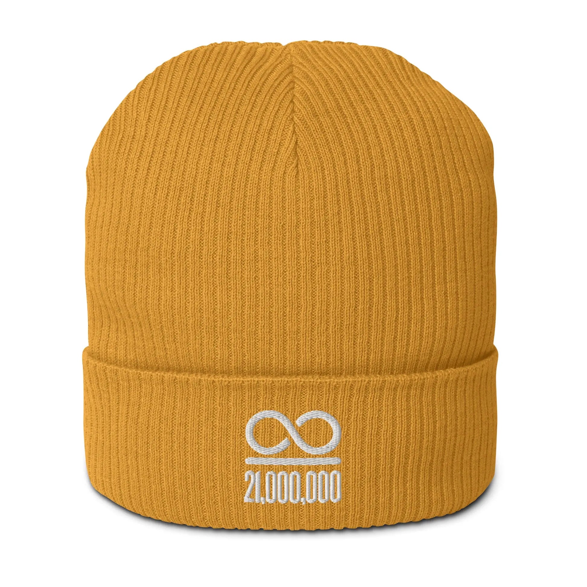 bitcoin beanie - infinity divided by 21 million - front view - bmustard yellow