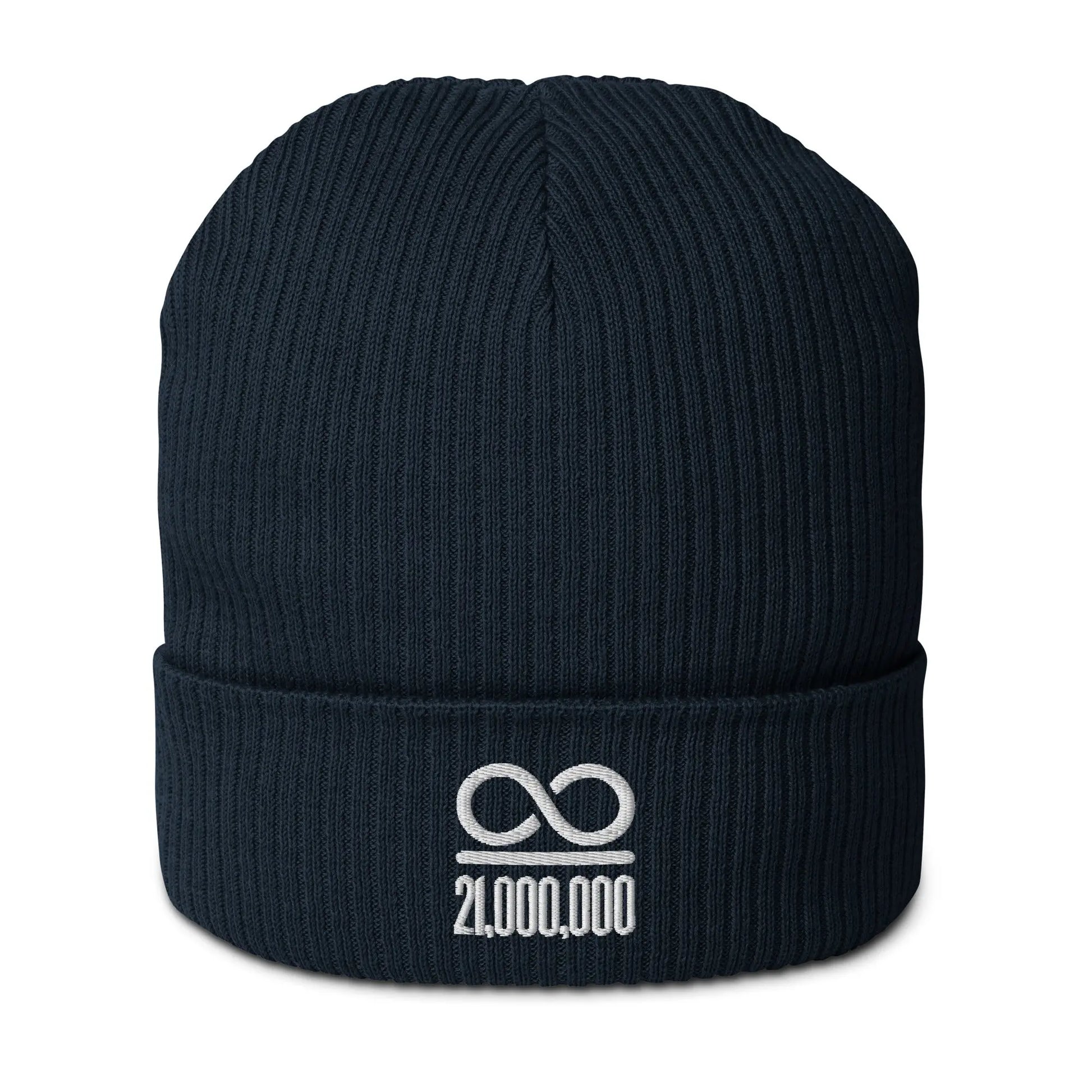 bitcoin beanie - infinity divided by 21 million - front view - oxford navy