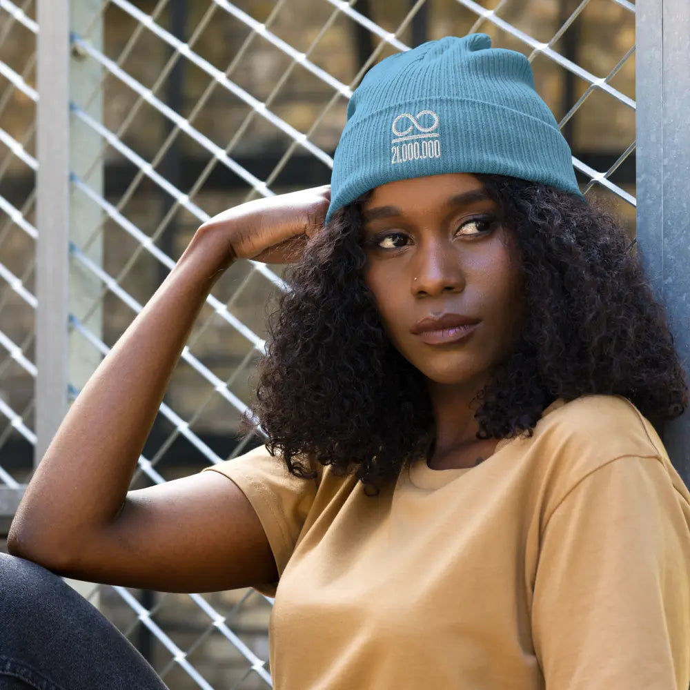 bitcoin beanie - infinity divided by 21 million - lifestyle outdoor - light blue