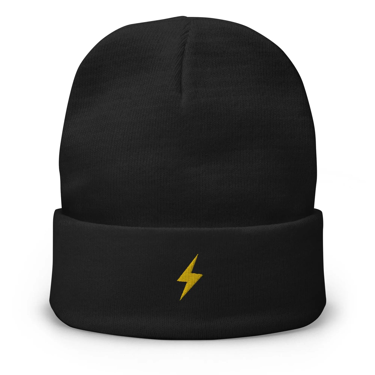 bitcoin beanie - lightning symbol - gold embroidery - front view - black