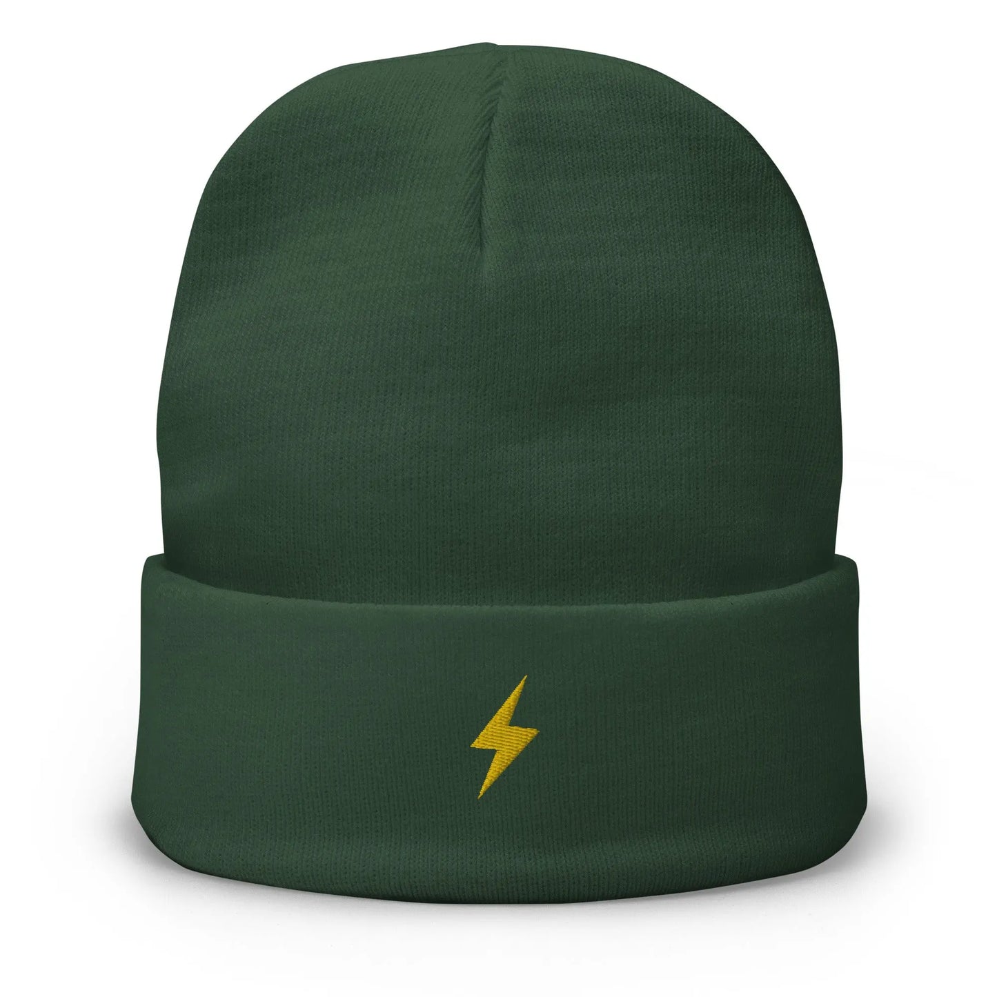 bitcoin beanie - lightning symbol - gold embroidery - front view - green