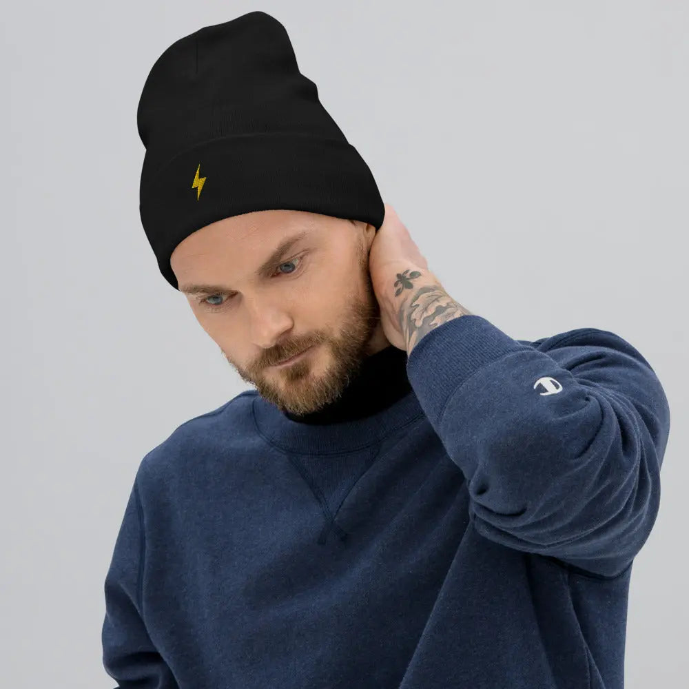 bitcoin beanie - lightning symbol - gold embroidery - front view male model - black