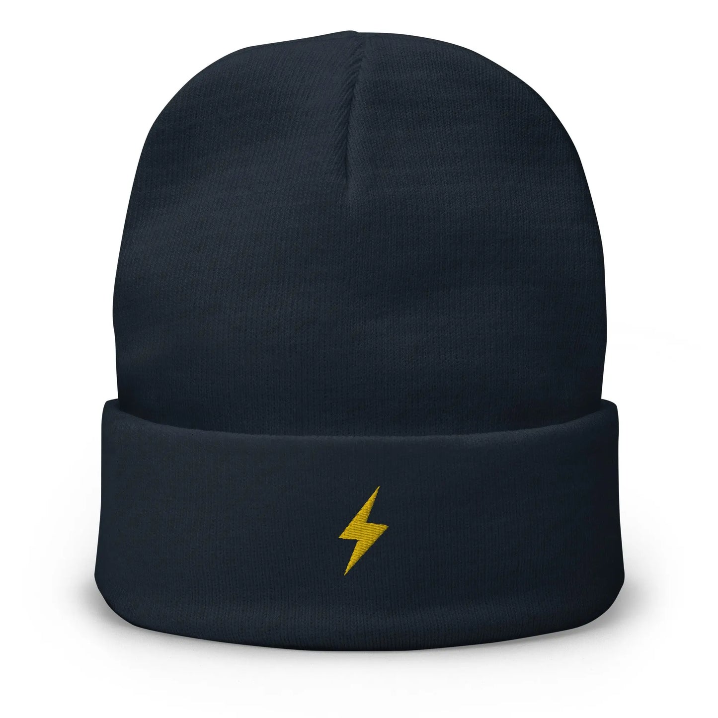 bitcoin beanie - lightning symbol - gold embroidery - front view - navy blue