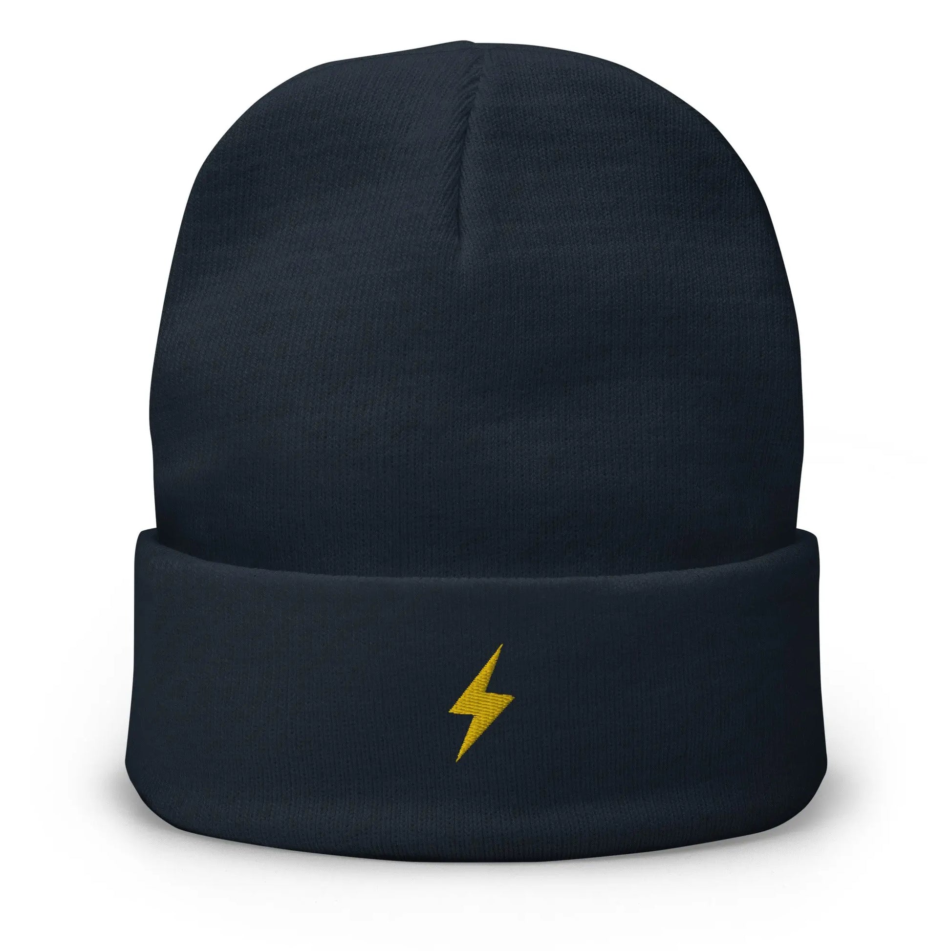 bitcoin beanie - lightning symbol - gold embroidery - front view - navy blue