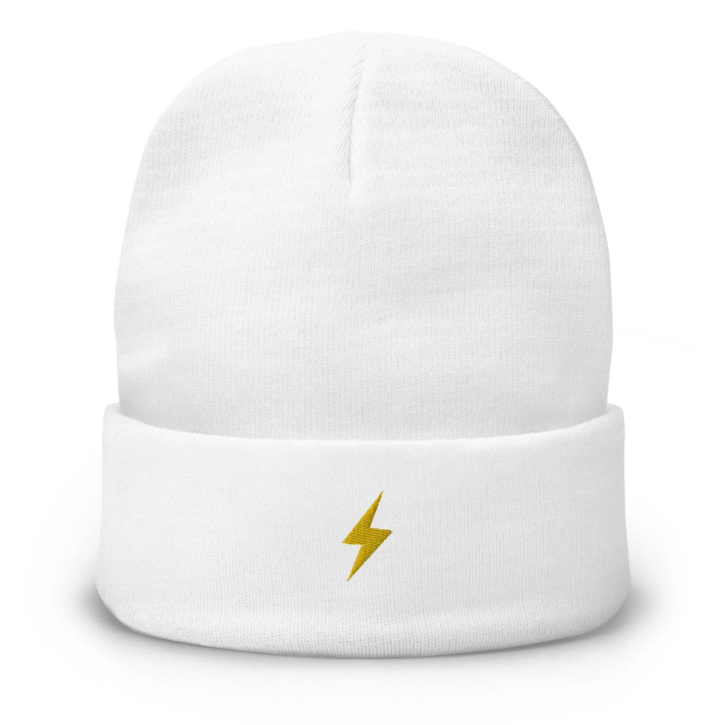 bitcoin beanie - lightning symbol - gold embroidery - front view - white