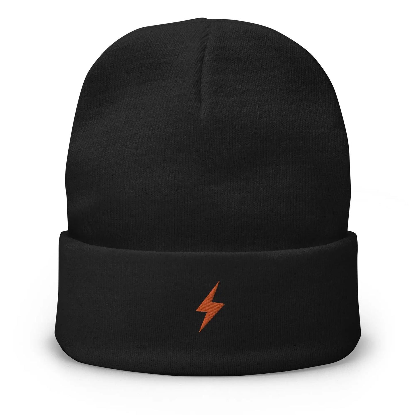 bitcoin beanie - lightning symbol - orange embroidery - front view - black