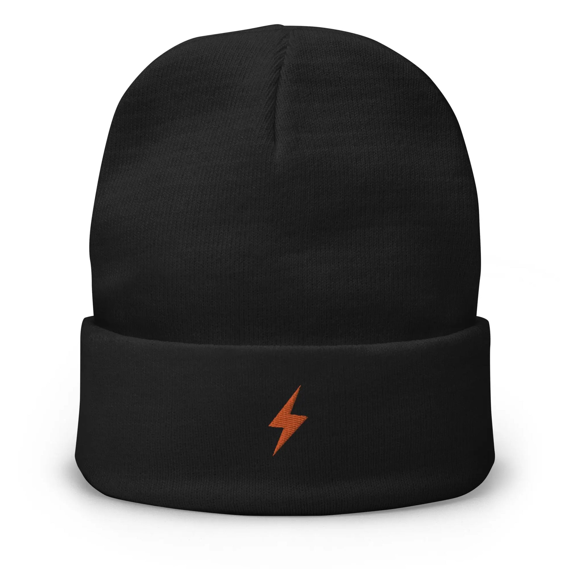 bitcoin beanie - lightning symbol - orange embroidery - front view - black