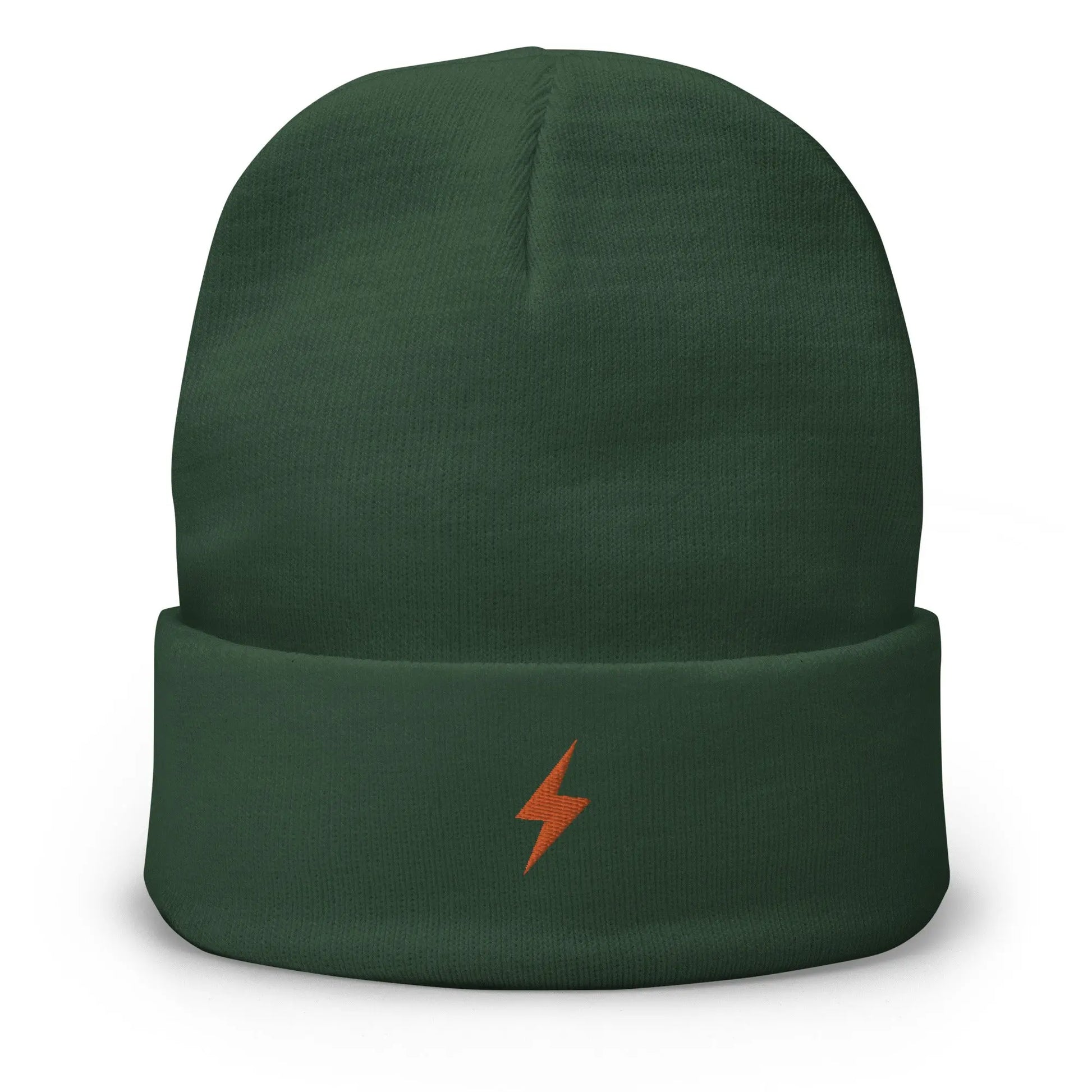 bitcoin beanie - lightning symbol - orange embroidery - front view - green