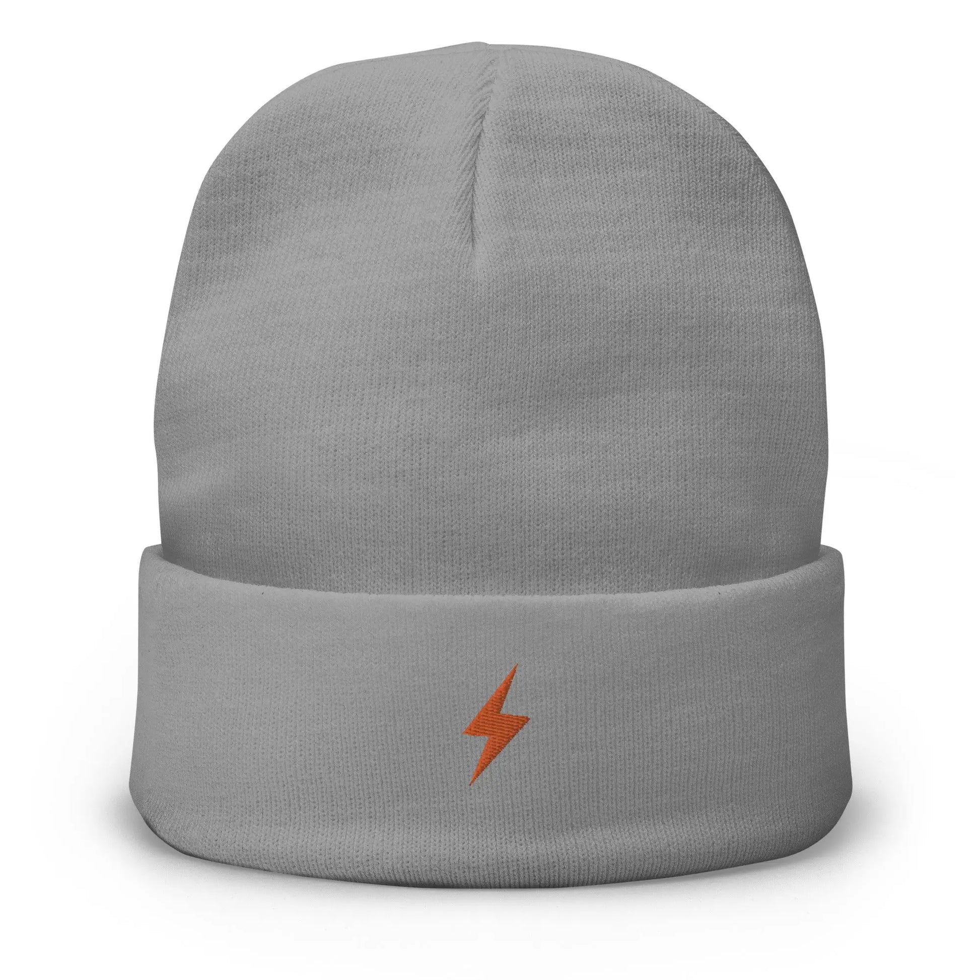 bitcoin beanie - lightning symbol - orange embroidery - front view - grey