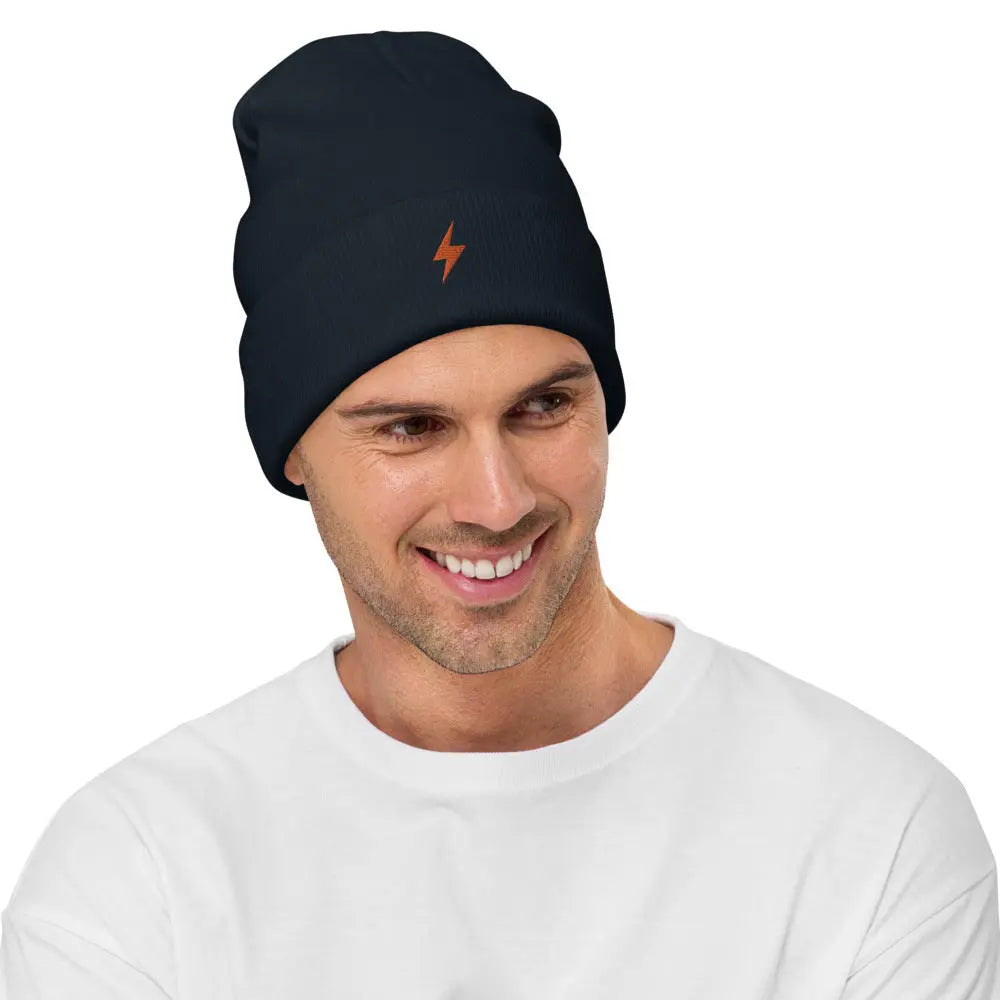 bitcoin beanie - lightning symbol - orange embroidery - front view on male model - navy blue