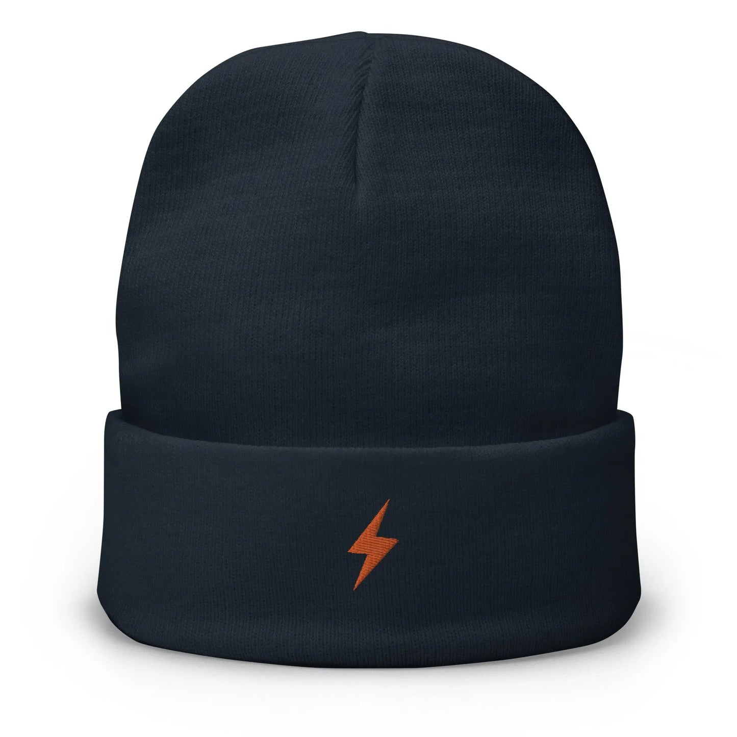 bitcoin beanie - lightning symbol - orange embroidery - front view - navy Blue