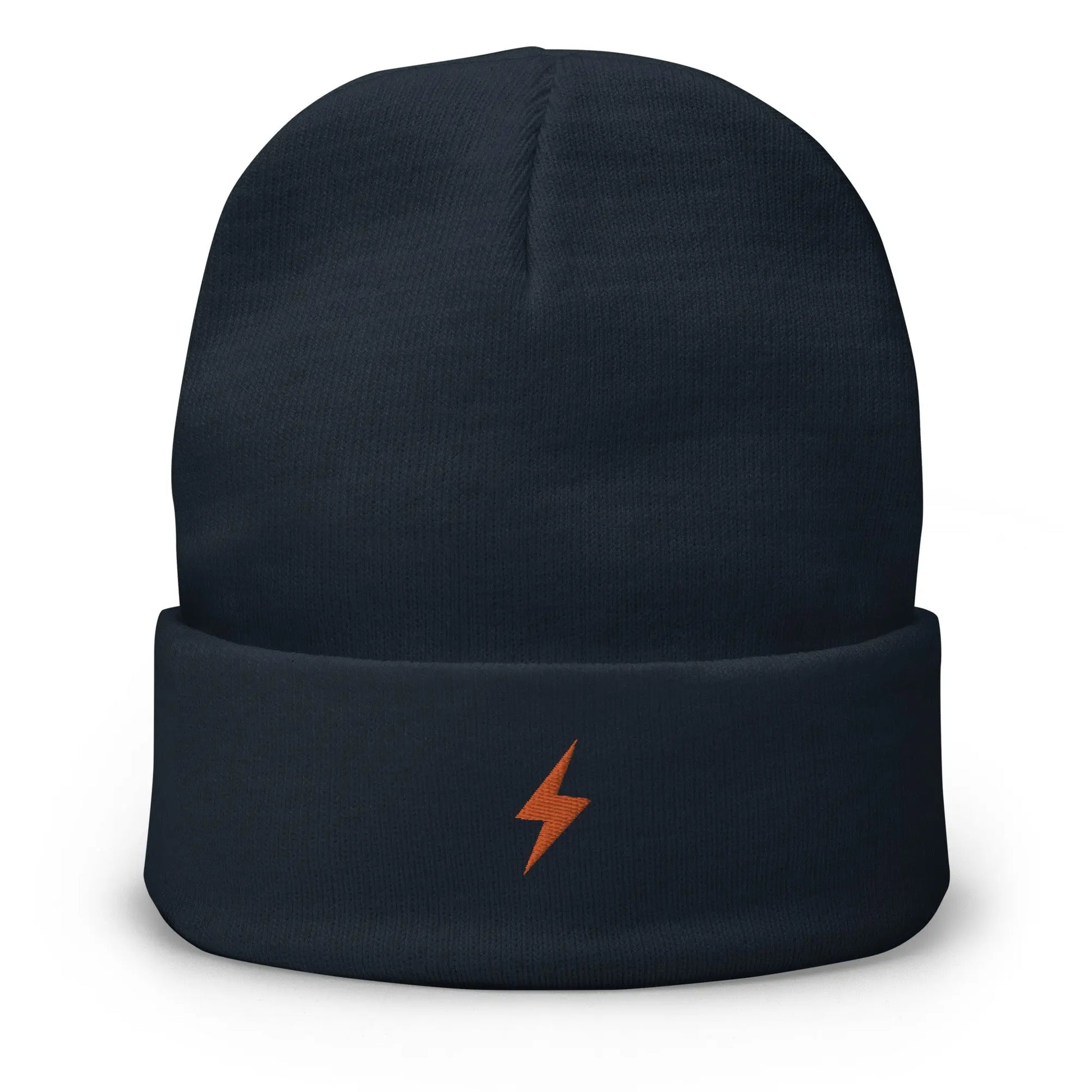 bitcoin beanie - lightning symbol - orange embroidery - front view - navy Blue