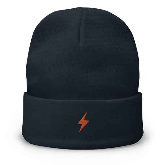 bitcoin beanie - lightning symbol - orange embroidery - front view - navy Blue